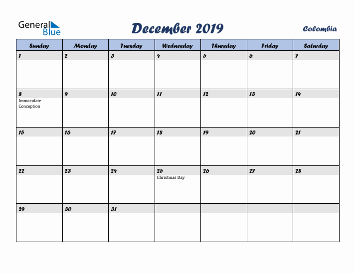 December 2019 Calendar with Holidays in Colombia