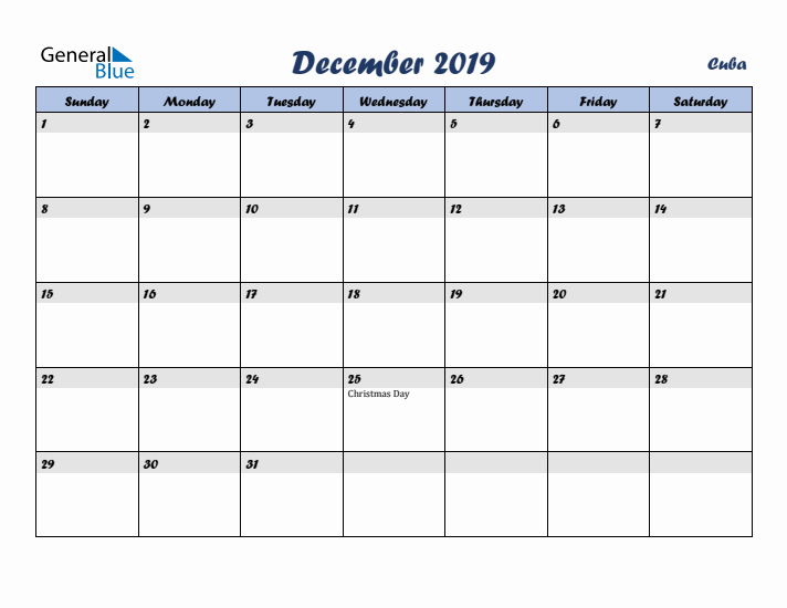 December 2019 Calendar with Holidays in Cuba