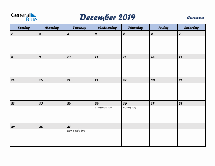 December 2019 Calendar with Holidays in Curacao
