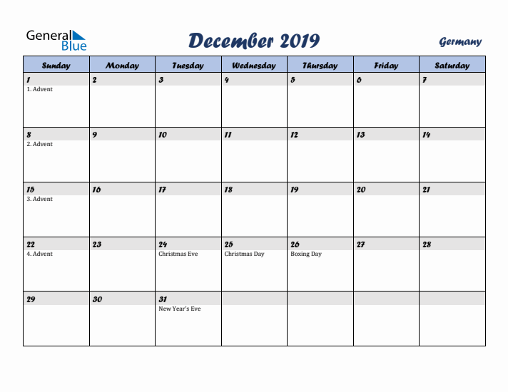 December 2019 Calendar with Holidays in Germany