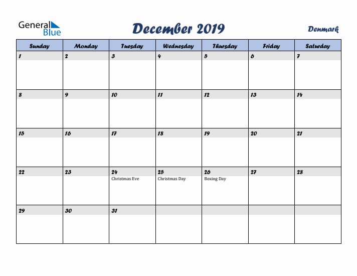December 2019 Calendar with Holidays in Denmark