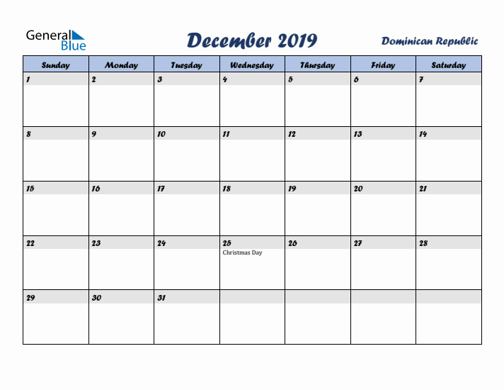 December 2019 Calendar with Holidays in Dominican Republic