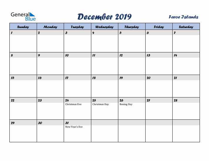 December 2019 Calendar with Holidays in Faroe Islands