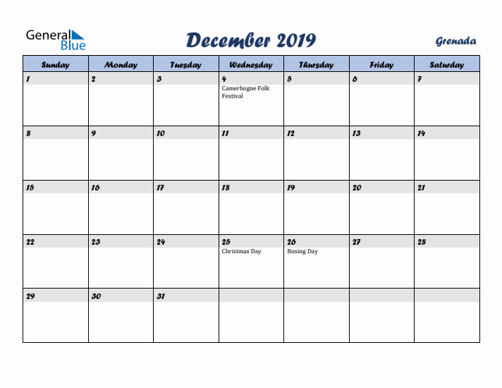 December 2019 Calendar with Holidays in Grenada