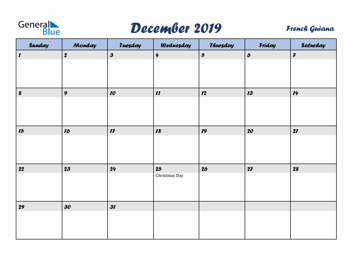 December 2019 Calendar with Holidays in French Guiana
