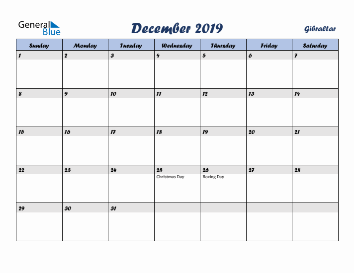 December 2019 Calendar with Holidays in Gibraltar