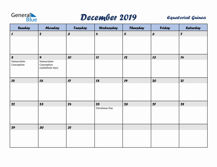 December 2019 Calendar with Holidays in Equatorial Guinea