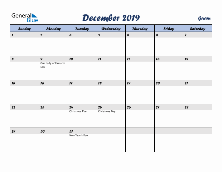December 2019 Calendar with Holidays in Guam