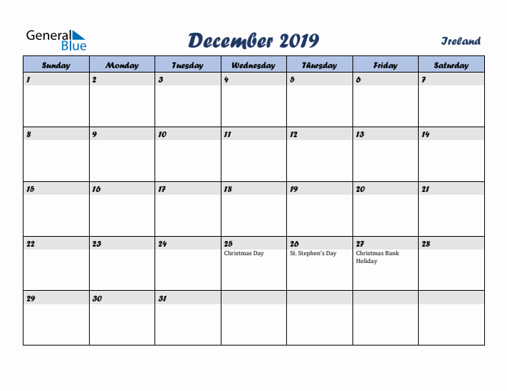 December 2019 Calendar with Holidays in Ireland