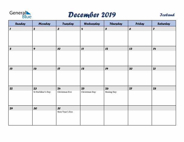 December 2019 Calendar with Holidays in Iceland