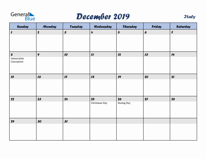 December 2019 Calendar with Holidays in Italy