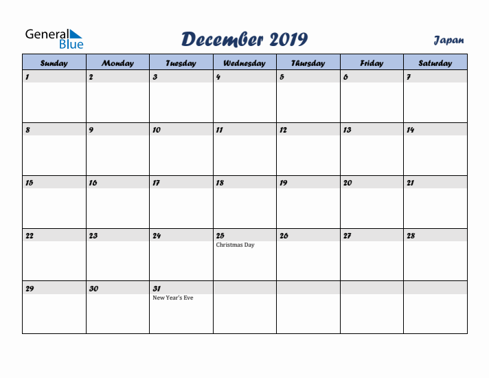 December 2019 Calendar with Holidays in Japan