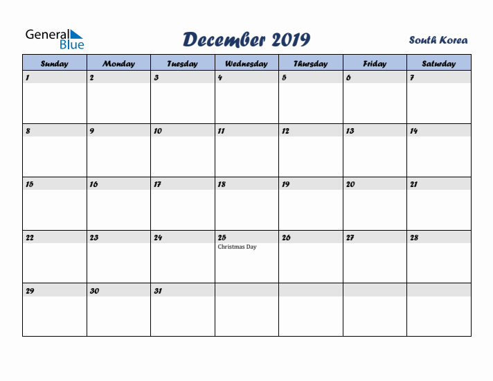 December 2019 Calendar with Holidays in South Korea