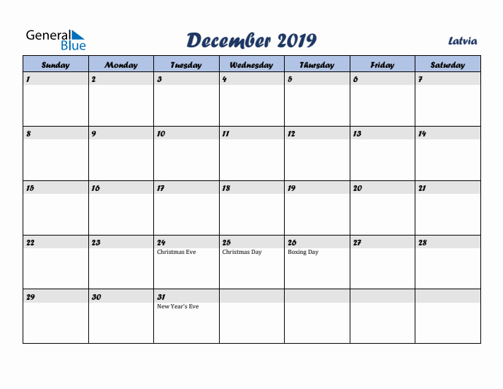 December 2019 Calendar with Holidays in Latvia