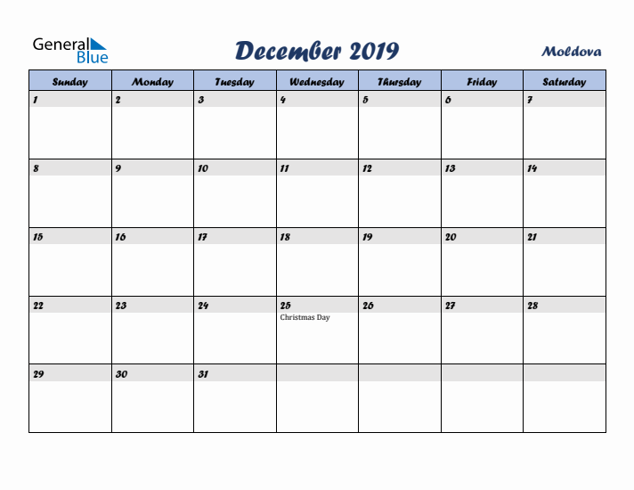 December 2019 Calendar with Holidays in Moldova