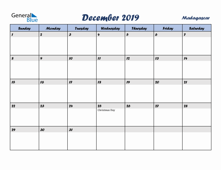 December 2019 Calendar with Holidays in Madagascar