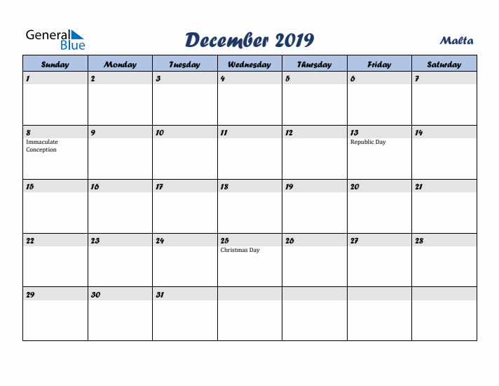 December 2019 Calendar with Holidays in Malta