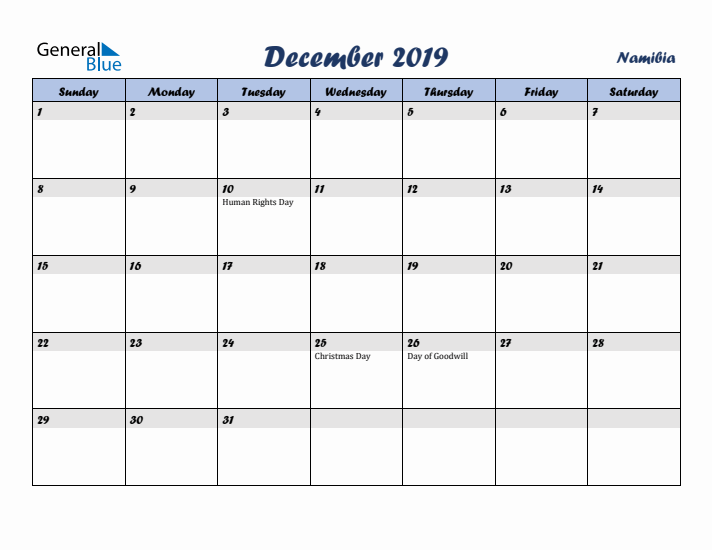 December 2019 Calendar with Holidays in Namibia