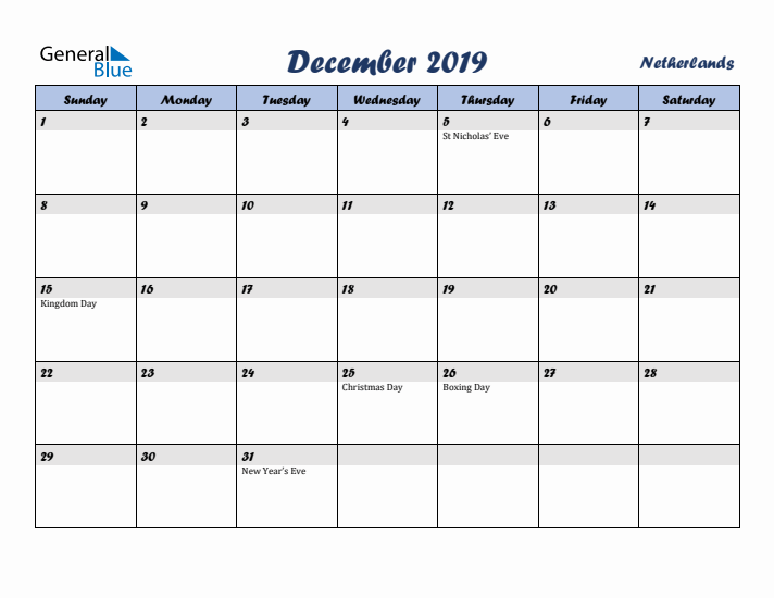 December 2019 Calendar with Holidays in The Netherlands