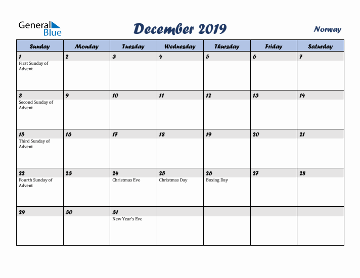 December 2019 Calendar with Holidays in Norway