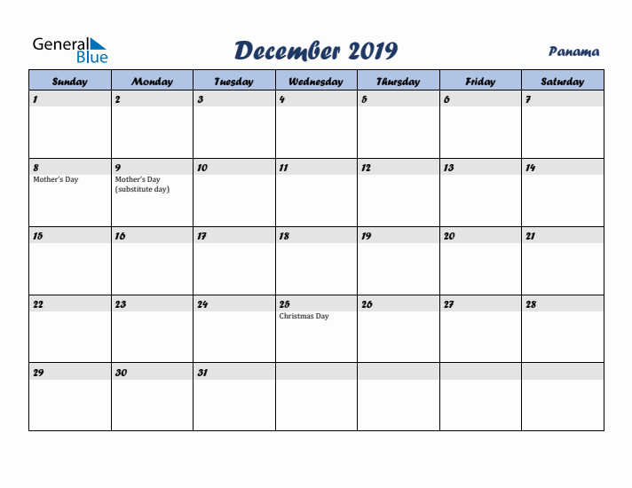 December 2019 Calendar with Holidays in Panama