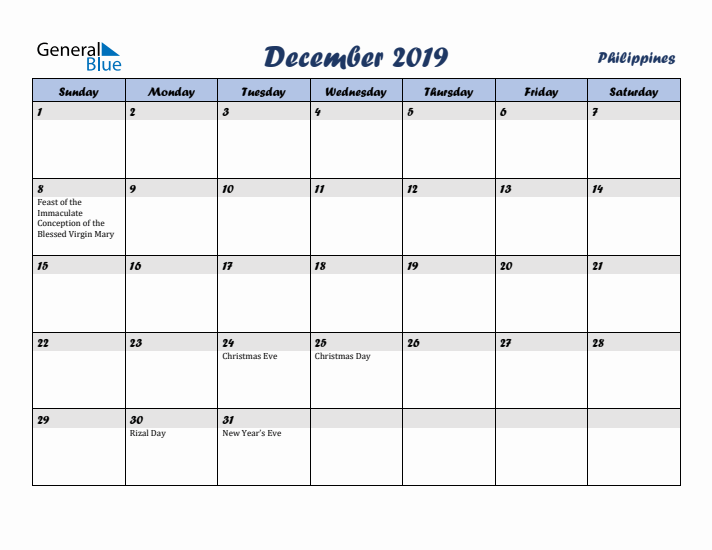December 2019 Calendar with Holidays in Philippines