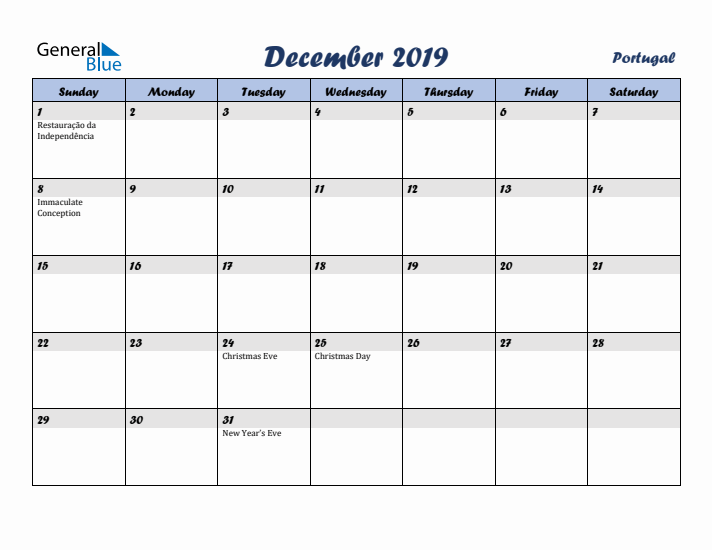 December 2019 Calendar with Holidays in Portugal