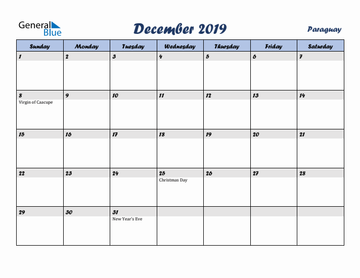 December 2019 Calendar with Holidays in Paraguay