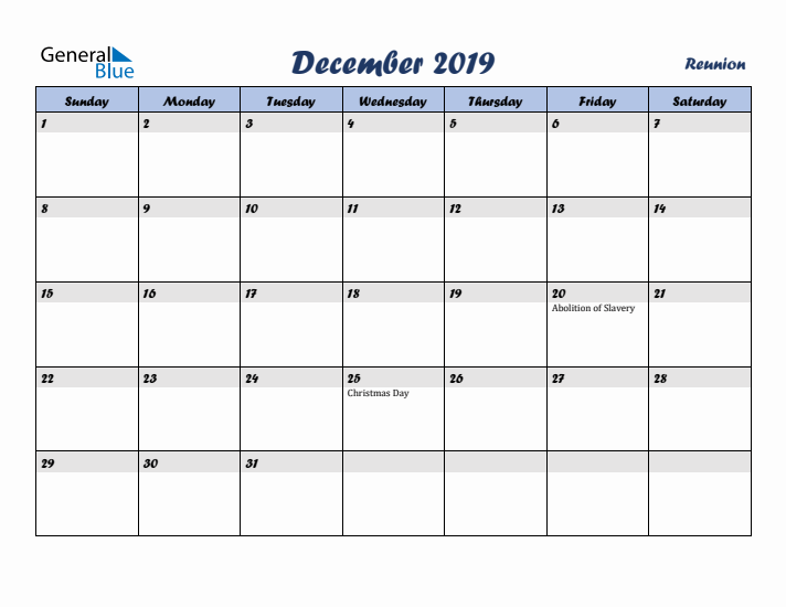 December 2019 Calendar with Holidays in Reunion