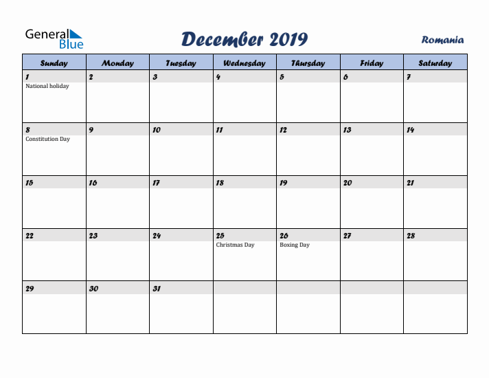 December 2019 Calendar with Holidays in Romania