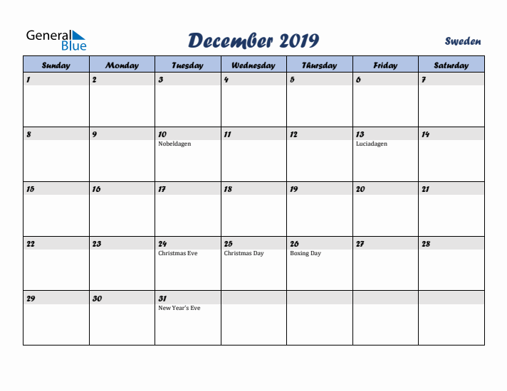 December 2019 Calendar with Holidays in Sweden