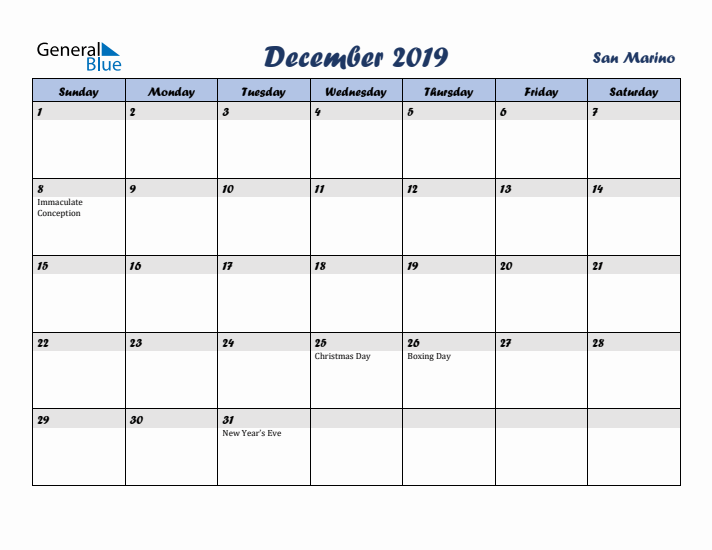 December 2019 Calendar with Holidays in San Marino