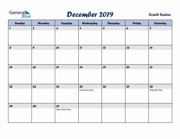 December 2019 Calendar with Holidays in South Sudan