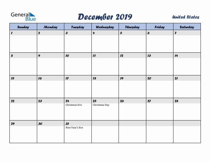 December 2019 Calendar with Holidays in United States
