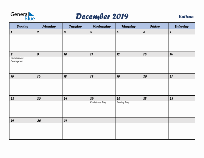 December 2019 Calendar with Holidays in Vatican
