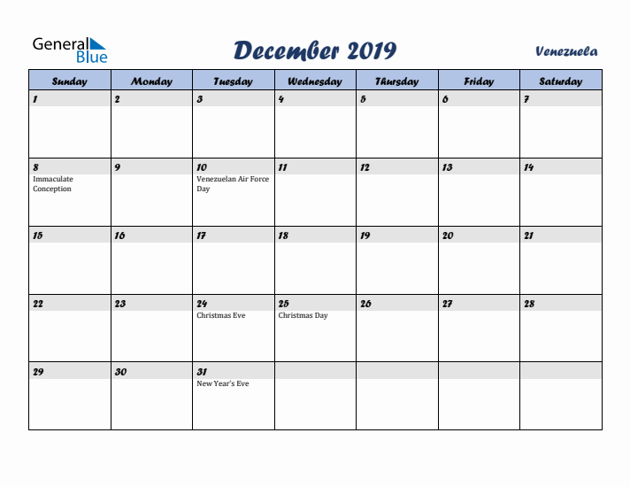 December 2019 Calendar with Holidays in Venezuela