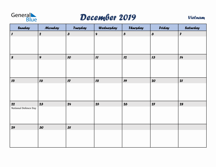 December 2019 Calendar with Holidays in Vietnam