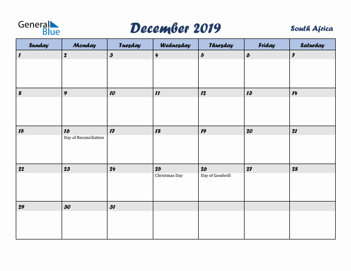 December 2019 Calendar with Holidays in South Africa