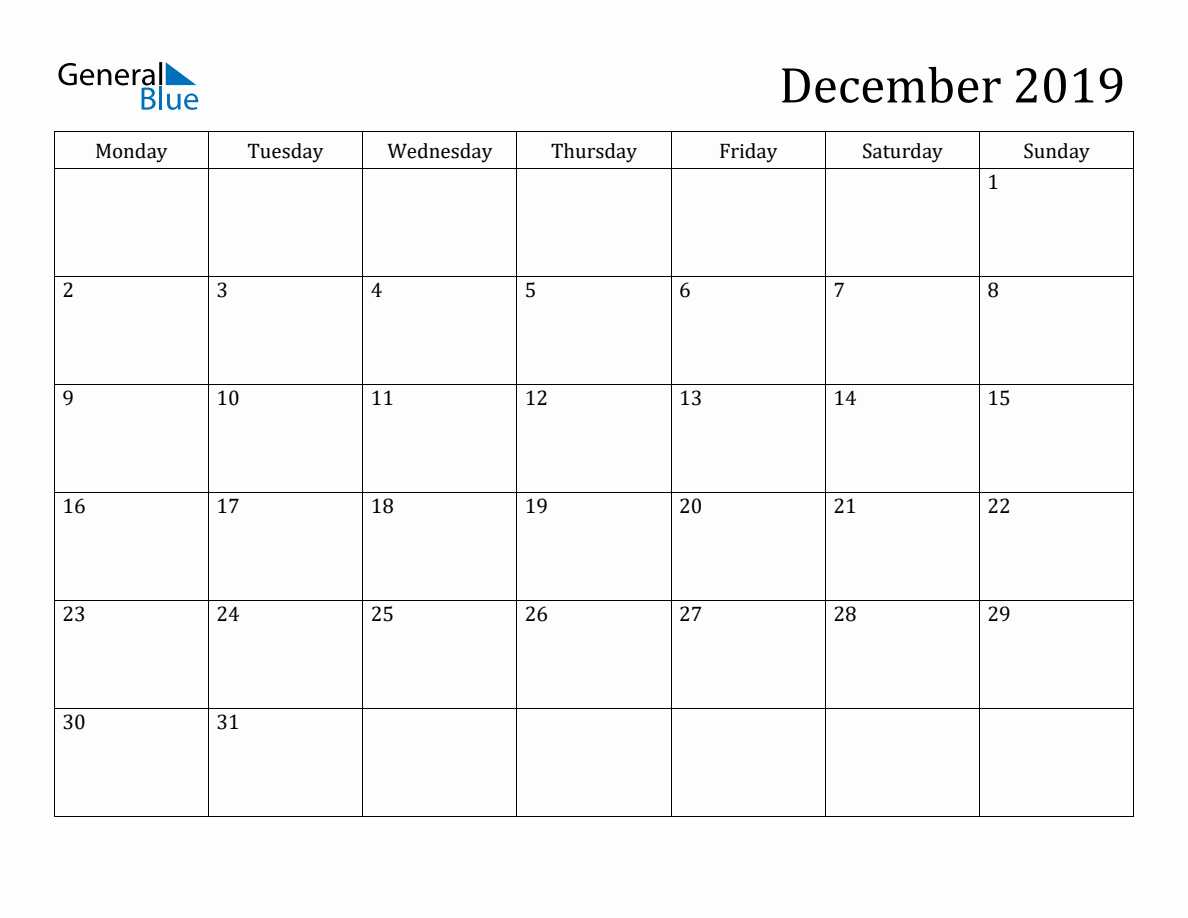 December 2019 Calendar with Monday Start