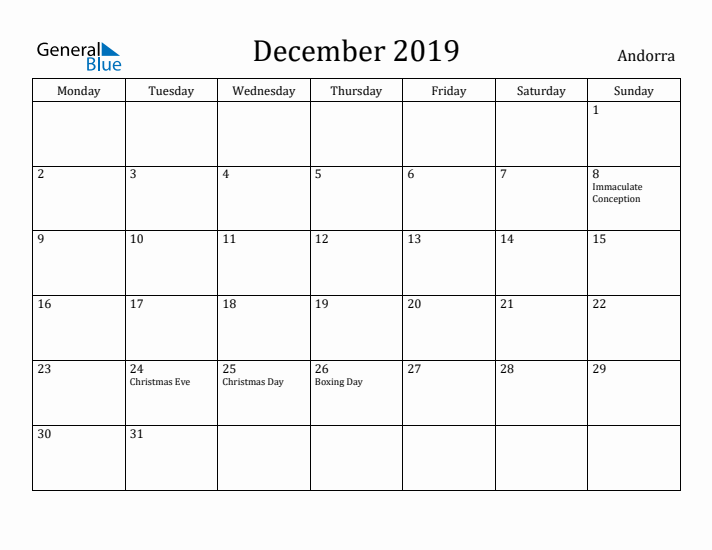 December 2019 Calendar Andorra