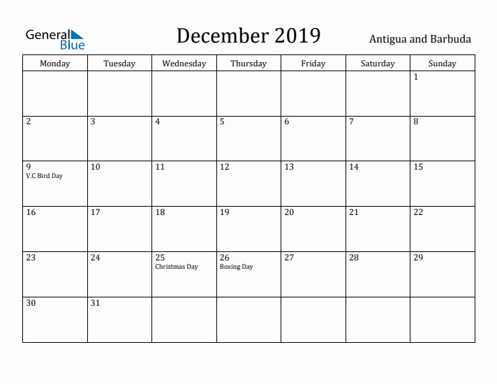 December 2019 Calendar Antigua and Barbuda