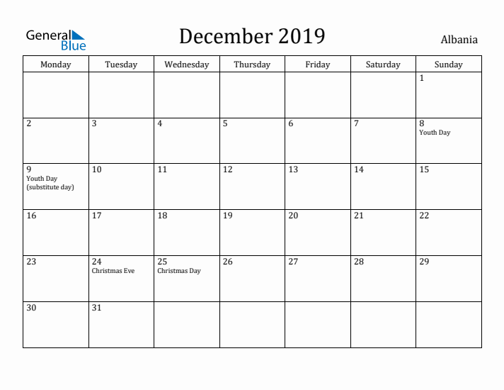 December 2019 Calendar Albania