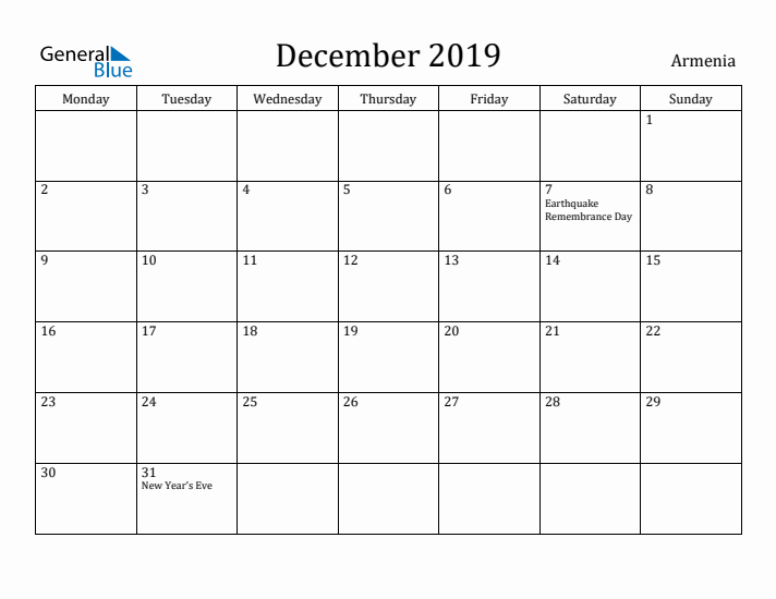 December 2019 Calendar Armenia
