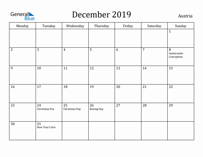 December 2019 Calendar Austria