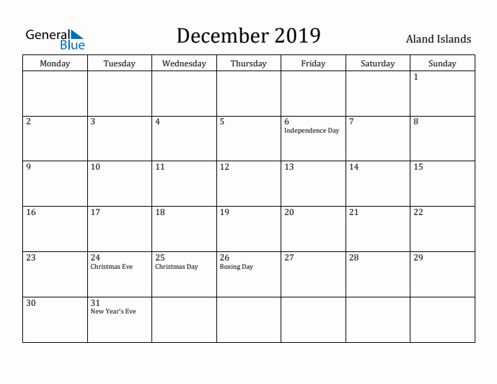 December 2019 Calendar Aland Islands