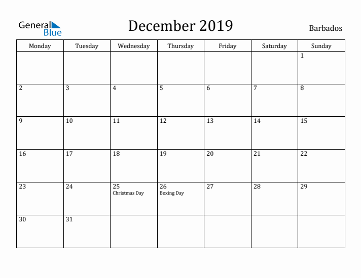 December 2019 Calendar Barbados
