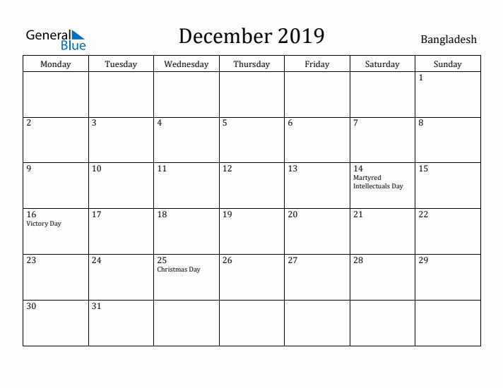 December 2019 Calendar Bangladesh