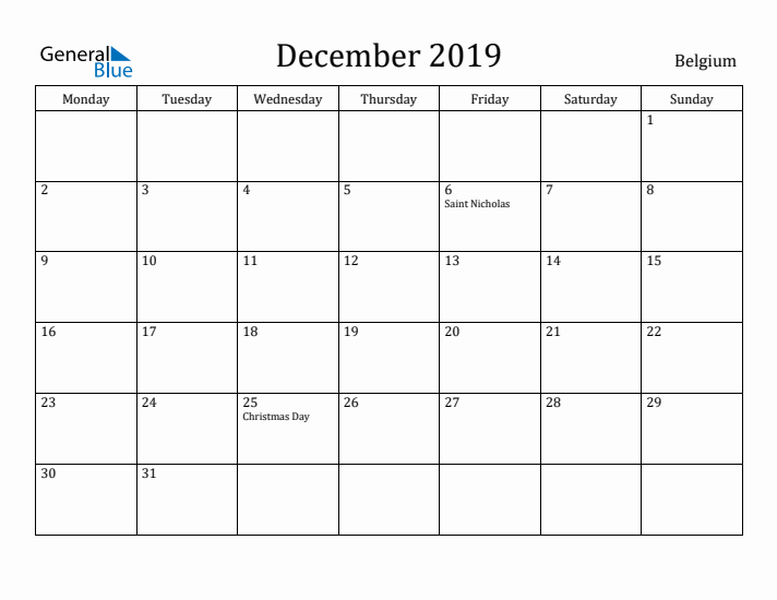 December 2019 Calendar Belgium