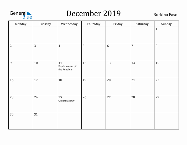 December 2019 Calendar Burkina Faso