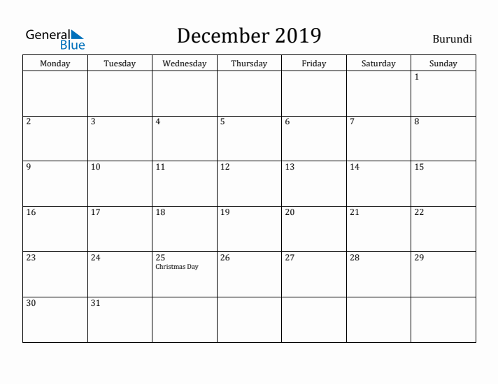 December 2019 Calendar Burundi